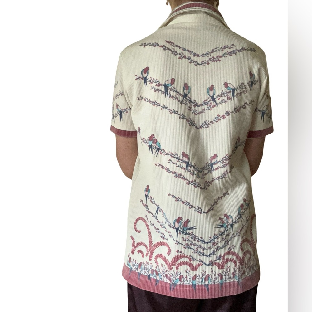 Vintage JCPenney Cream Floral Birds Big Collar Button Down Short Sleeve Blouse - Picture 3 of 12
